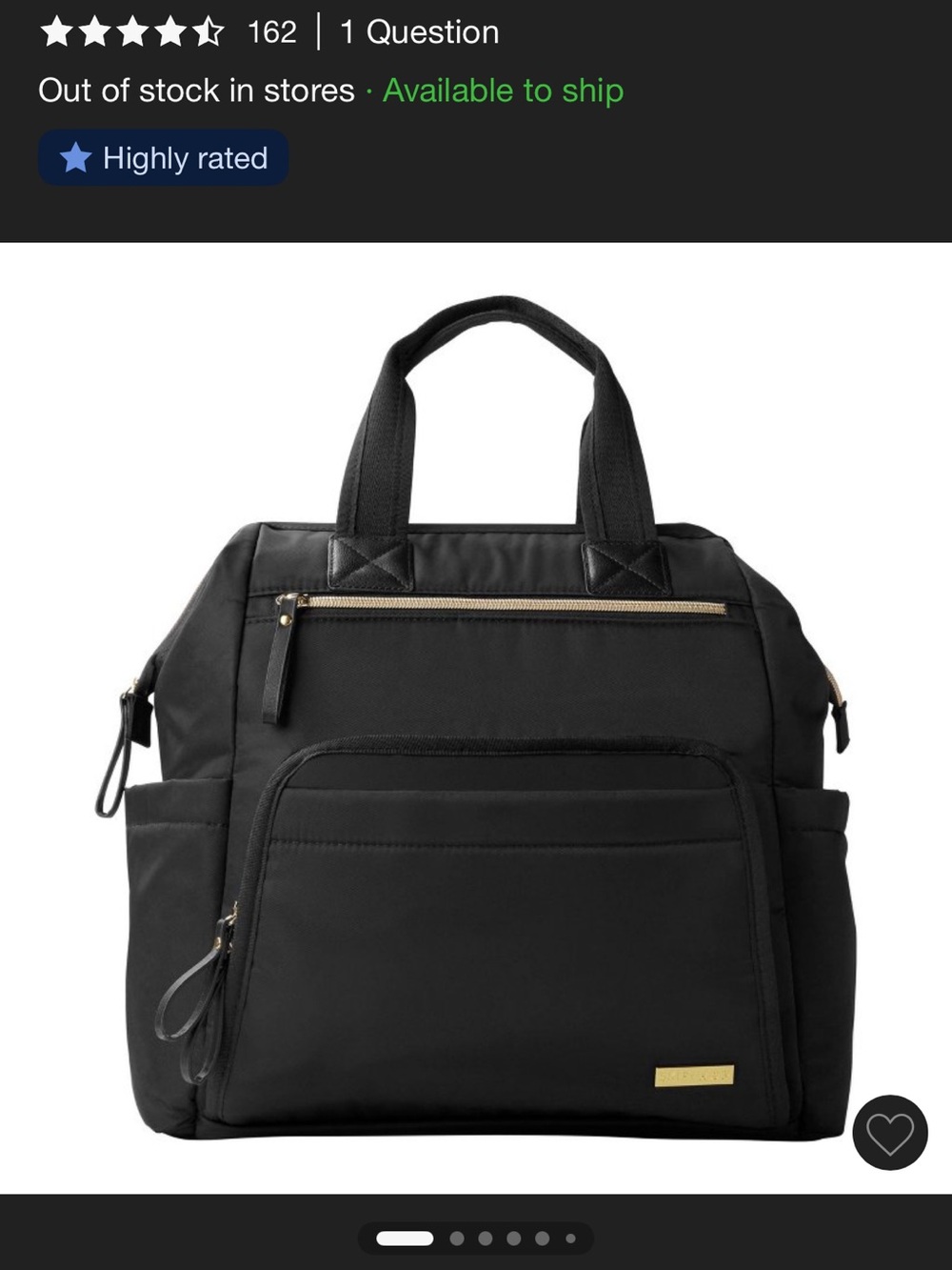 Skip Hop Black Diaper Bag Backpack Tote with Gold Hardware